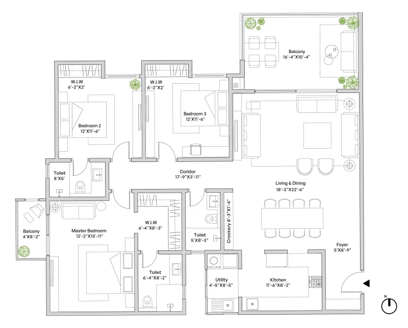 3 BHK Type 1 floor plan